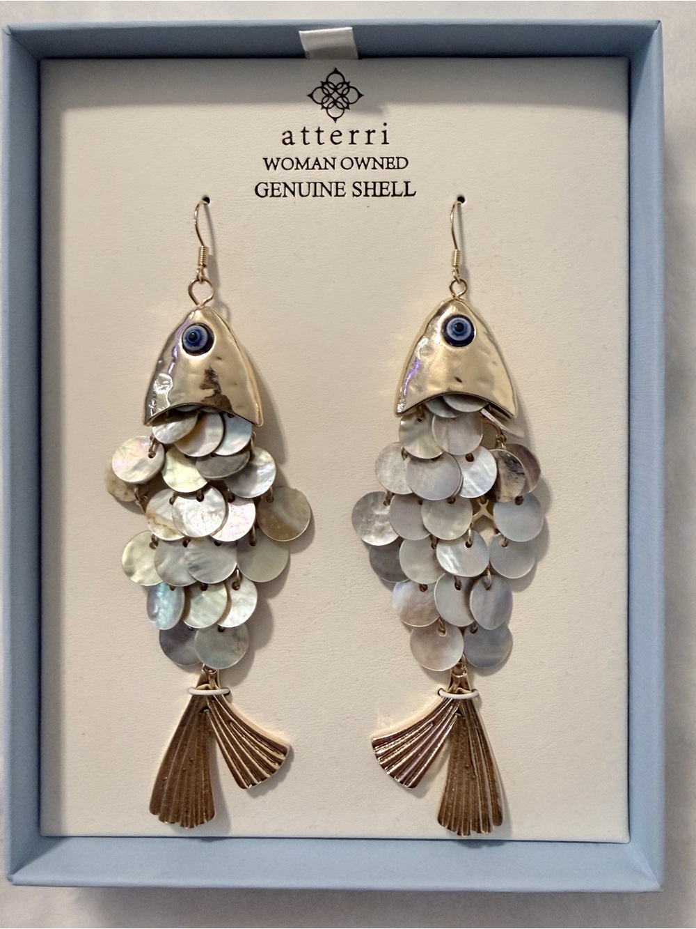 Atterri Silver Shell Fish Drop Earrings - Genuine Shell